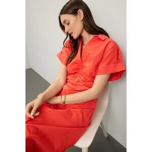 Saunders Red Ruched Shirt Dress Mini Long Sleeve Button Up Sz 6